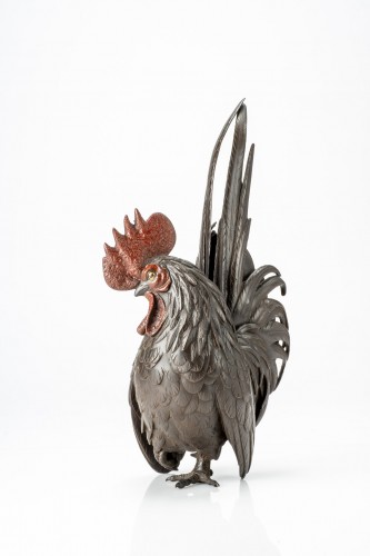 19th century - A Japanese patinated bronze okimono of a rooster