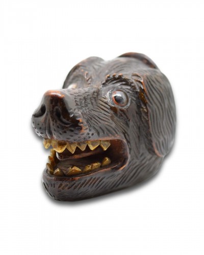  - Treen snuff box in the form of a dogs head. Scottish, 19th century.