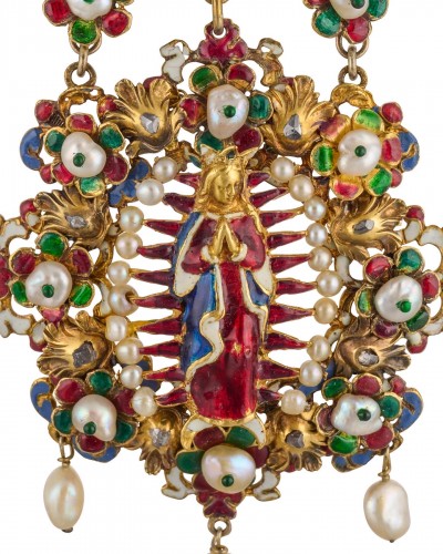 Antiquités - Important pendentif diamant, or et émail, Espagne début du XVIIe siècle