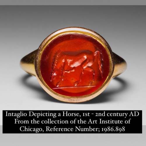 Antiquités - Ancient Nicolo intaglio of a grazing horse. Roman, 1st - 2nd century AD.