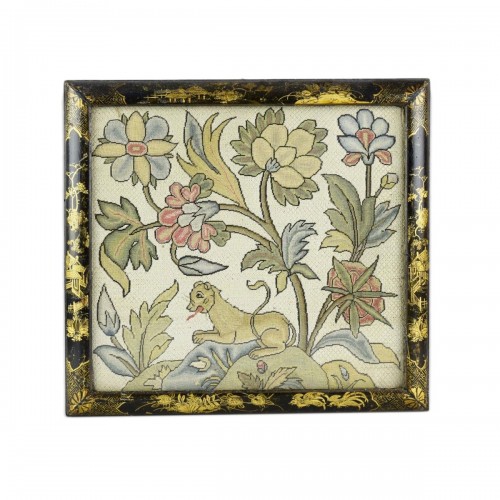 Needlework panel decorated with a Lion amongst flowers - England circa1700