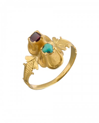 Bague Renaissance en or avec une turquoise et un grenat - France, Angleterre XVIe Siècle