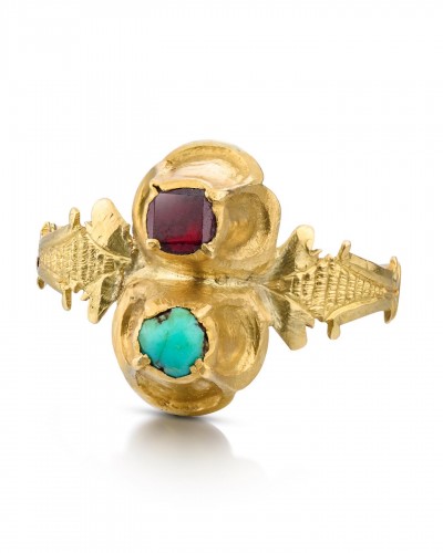 <= 16th century - Renaissance Gold Ring With A Turquoise &amp; Garnet. English / French, 16th Cen