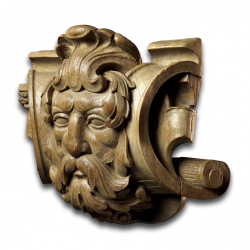 Sculpture  - Carved Oak Architectural Relief Of A Green Man. Flemish, 18th Century.