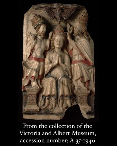 Antiquités - Alabaster relief of the Coronation of the Virgin. Nottingham, 15th century.