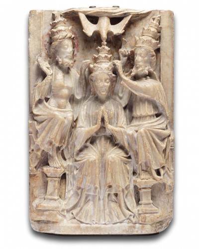 Antiquités - Alabaster relief of the Coronation of the Virgin. Nottingham, 15th century.