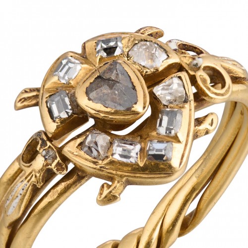 Bijouterie, Joaillerie Bagues - Bague puzzle avec un coeur en diamant tiré par Cupidon, Europe occidentale XVIIe siècle