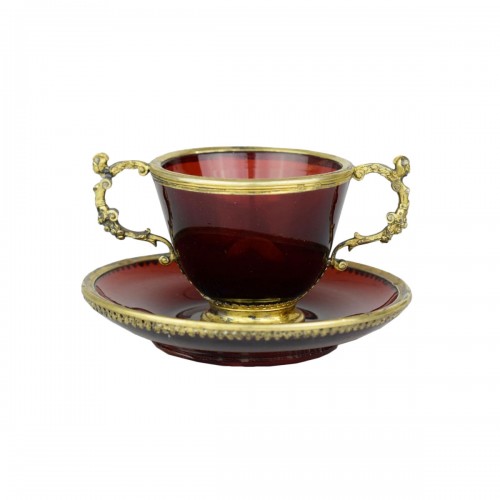 Silver Gilt Mounted Ruby Glass (rubinglas) Cup And Saucer. German, 19th Cen