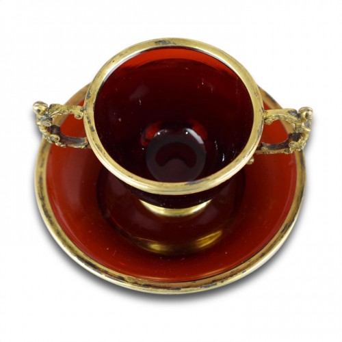 Silver Gilt Mounted Ruby Glass (rubinglas) Cup And Saucer. German, 19th Cen - Glass & Crystal Style 