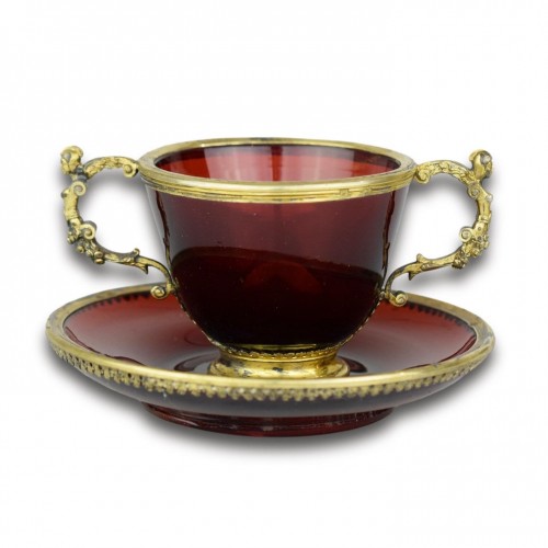 Silver Gilt Mounted Ruby Glass (rubinglas) Cup And Saucer. German, 19th Cen - 