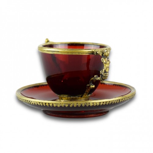  - Silver Gilt Mounted Ruby Glass (rubinglas) Cup And Saucer. German, 19th Cen