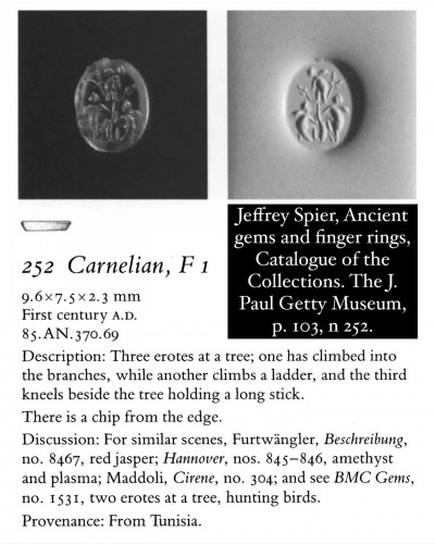 BC to 10th century - Gold ring with an intaglio of Erotes harvesting. Roman 1st - 2nd century 