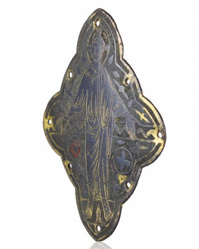 Art sacré, objets religieux  - Plaque en cuivre émaillé champlevé représentant le Christ en majesté