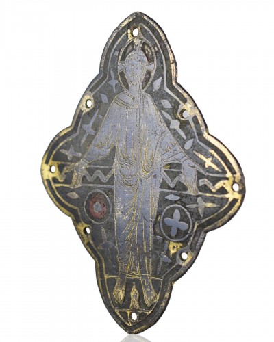Plaque en cuivre émaillé champlevé représentant le Christ en majesté - 