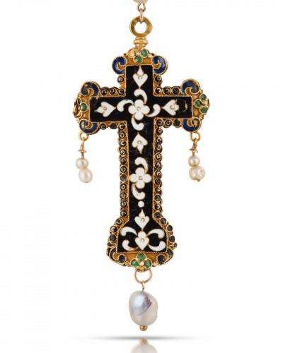 Antique Jewellery  - Gold &amp; enamel cross pendant with table cut rock crystals. Spanish, 17th cen