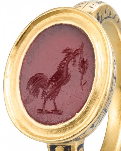 Bijouterie, Joaillerie Bagues - Bague en or avec une intaille d'un coq. Romain, 1er / 2e siècle & 17e siècle
