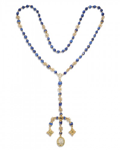 Gold mounted aventurine and blue glass rosary, Spain circa 1700 - Antique Jewellery Style 