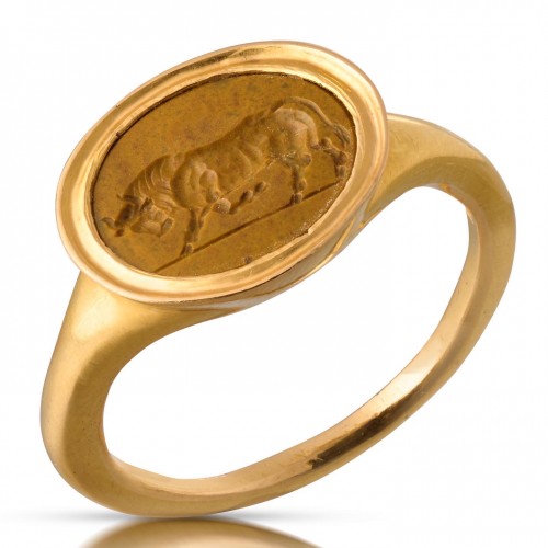 BC to 10th century - Yellow jasper intaglio of a bull. Roman, 1st century BC - 1st century AD.