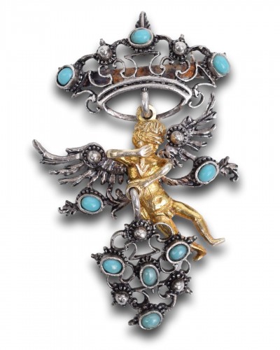 Pendentif en turquoise, argent et vermeil avec Cupidon. Italienne, fin du XIXe siècle