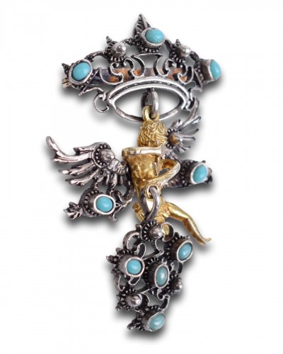 Antiquités - Pendentif en turquoise, argent et vermeil avec Cupidon. Italienne, fin du XIXe siècle