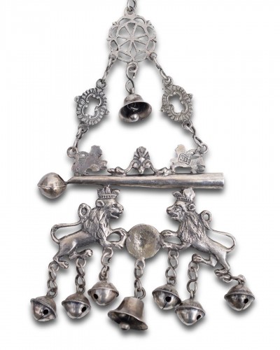  - Silver whistle with lions and bells - Spain hallmarks for Madrid, 18th ce