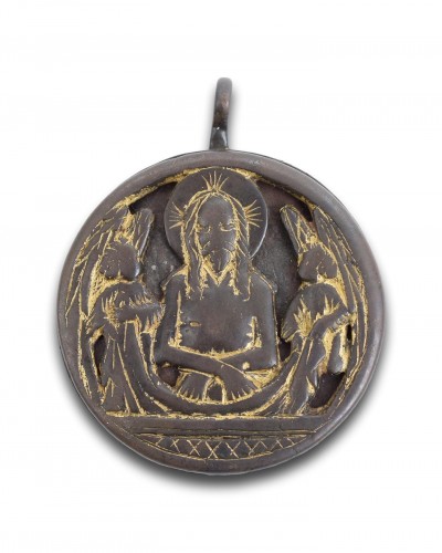 Antiquités - Double sided copper gilt devotional reliquary pendant, Germany 15th century