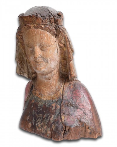 Sculpture Sculpture en Bois - Buste de la Vierge en chêne polychromé, France fin du XIIIe siècle