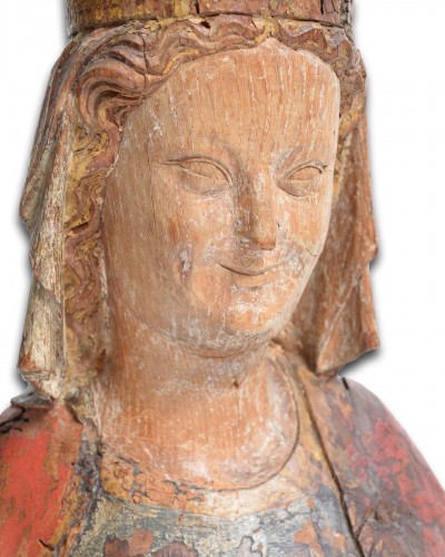 Antiquités - Buste de la Vierge en chêne polychromé, France fin du XIIIe siècle