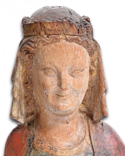 Antiquités - Buste de la Vierge en chêne polychromé, France fin du XIIIe siècle
