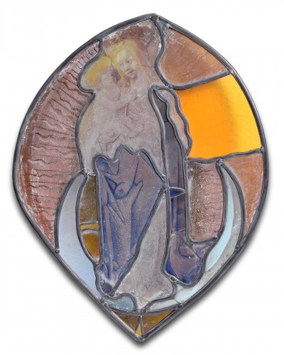 Art sacré, objets religieux  - Beau panneau de vitrail de la Vierge à l'Enfant. Allemand, fin du XVe siècle