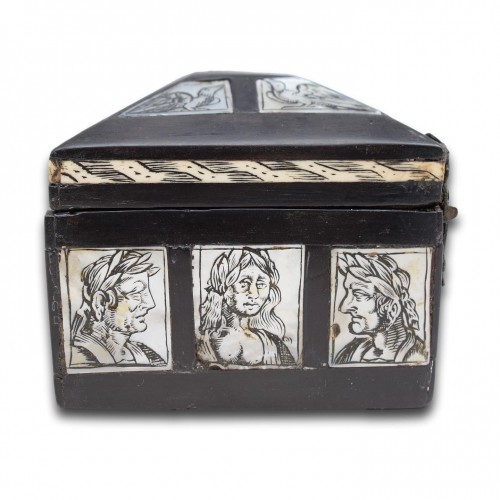 Objects of Vertu  - Ebonised casket with engraved bone &amp; mother of pearl. North Italy17th century