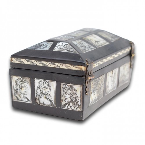 17th century - Ebonised casket with engraved bone &amp; mother of pearl. North Italy17th century