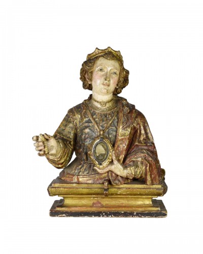 Buste reliquaire en bois polychrome d'une sainte - Espagne début du XVIIe siècle