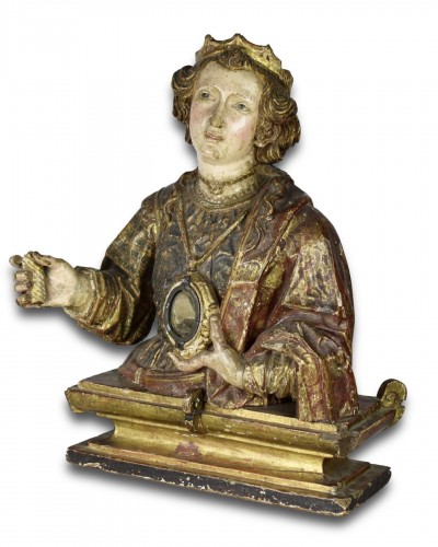 Buste reliquaire en bois polychrome d'une sainte - Espagne début du XVIIe siècle - Art sacré, objets religieux Style 