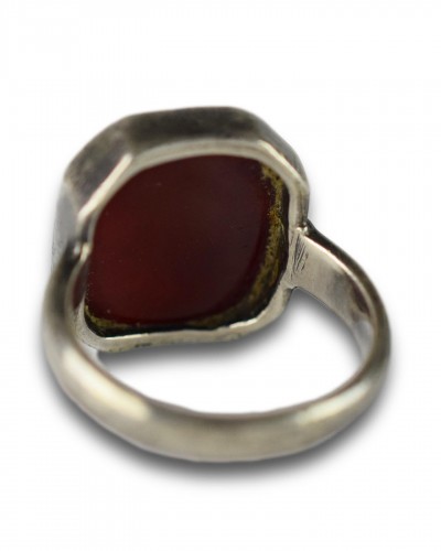 18th century - Silver mounted carnelian intaglio ring. Eastern Orthodox, dated c.1716