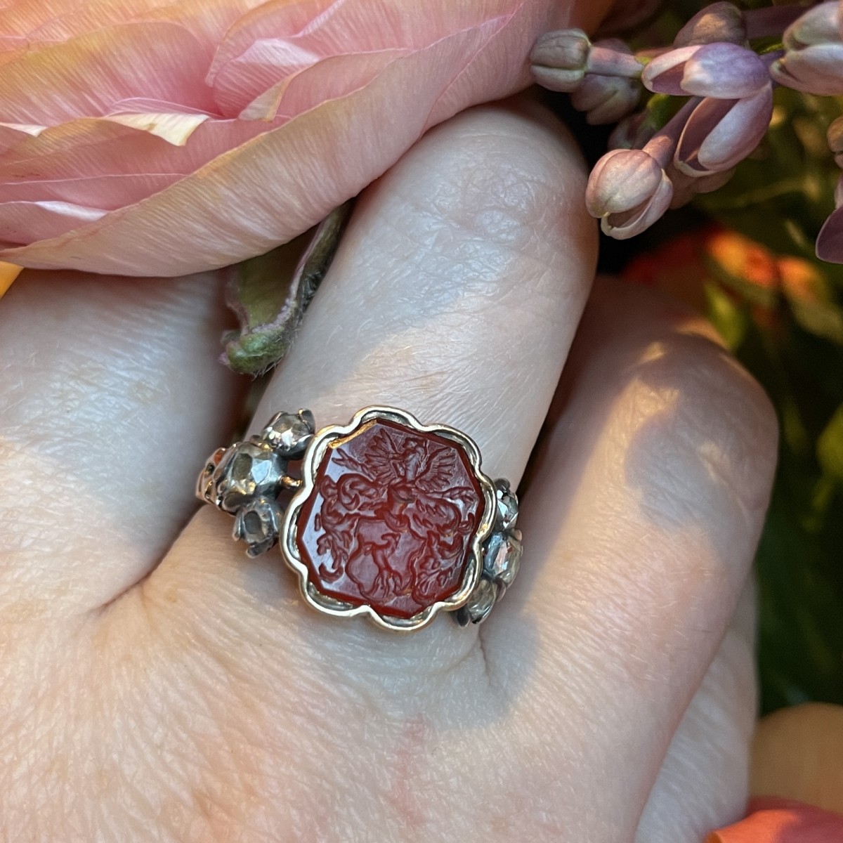 Sold at Auction: 14-Karat Yellow-Gold and Carved Carnelian Ring and a  14-Karat Yellow-Gold and Carved Coral Ring, 5.8 gross dwt; Sizes: 5 1/4 ( carnelian) and 5 1/2 (coral)
