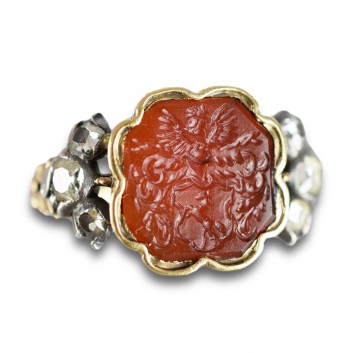 Diamond set gold and carnelian signet ring, Germany late 18th century - Antique Jewellery Style 