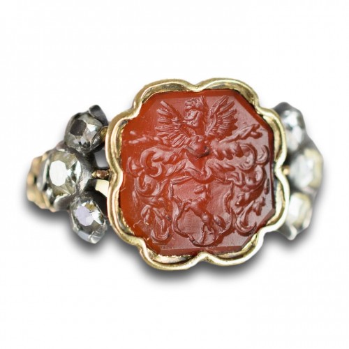Antique Jewellery  - Diamond set gold and carnelian signet ring, Germany late 18th century