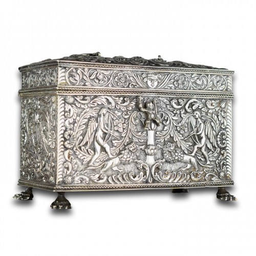 Objects of Vertu  - Repoussé silver marriage casket, Dutch19th century