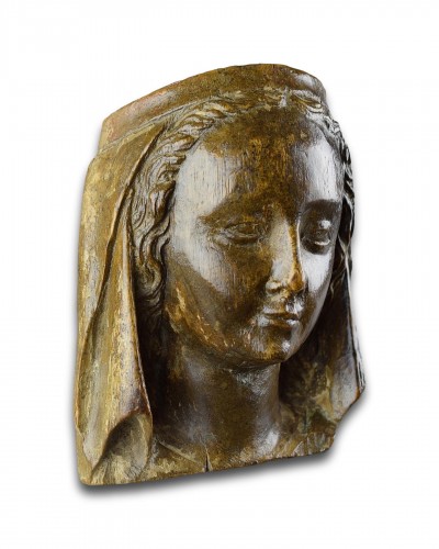 Antiquités - Tête de Vierge en chêne, France seconde moitié du XVe siècle