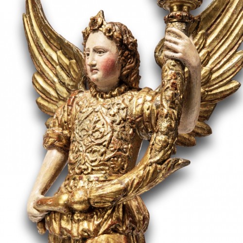 Sculpture  - Pair of gilded wooden torcheres of Angels, Northern Italy 17th century