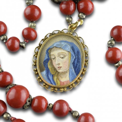 Italian micromosaic and purpurin glass rosary with Christ and the Virgin - Religious Antiques Style 