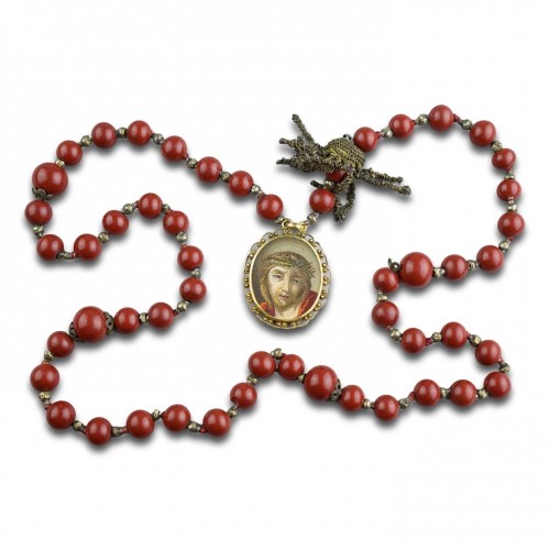 Art sacré, objets religieux  - Chapelet italien en micromosaïque et verre purpurin avec le Christ et la Vierge