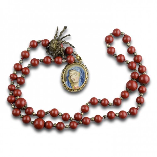 Italian micromosaic and purpurin glass rosary with Christ and the Virgin - 