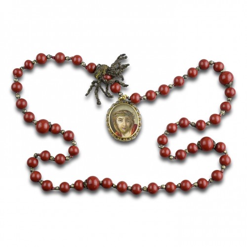 19th century - Italian micromosaic and purpurin glass rosary with Christ and the Virgin