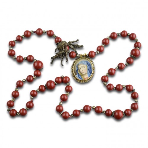 Italian micromosaic and purpurin glass rosary with Christ and the Virgin - 