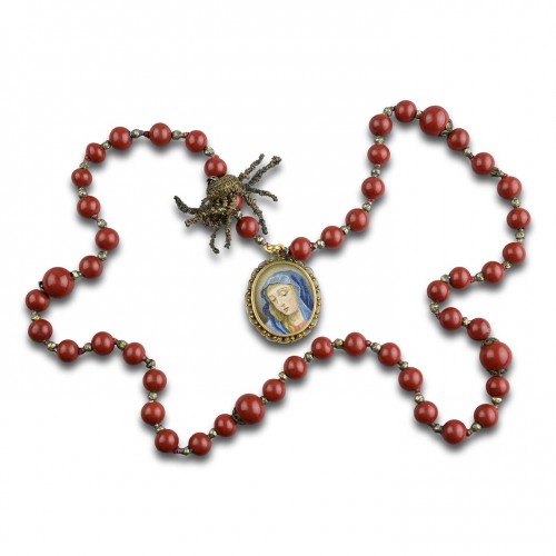 Antiquités - Italian micromosaic and purpurin glass rosary with Christ and the Virgin