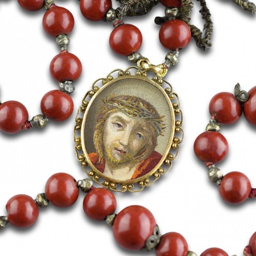 Antiquités - Italian micromosaic and purpurin glass rosary with Christ and the Virgin