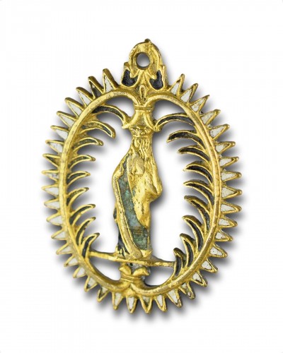 Religious Antiques  - Enamelled brass pendant with the Virgin, Spain circa 1600