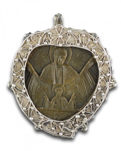 Pendentif orthodoxe en corne monté sur argent, probablement le Mont Athos XVIIIe/XIX - Art sacré, objets religieux Style 